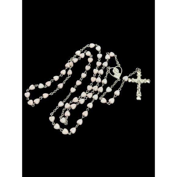 Pink Plastic Heart Rosary Silver-tone - Pre-loved Necklace - Picture 1 of 4